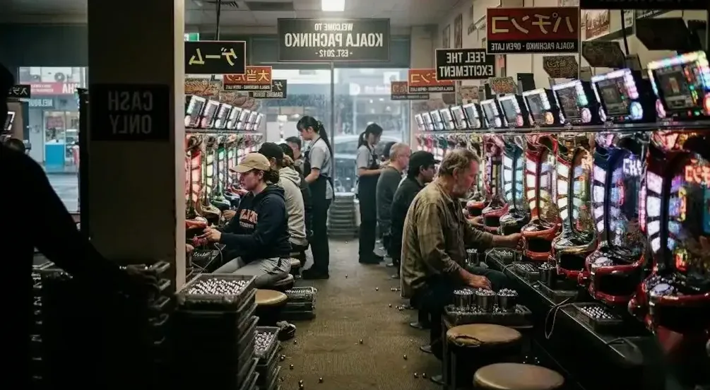 First-time player at a pachinko machine in the Brisbane club